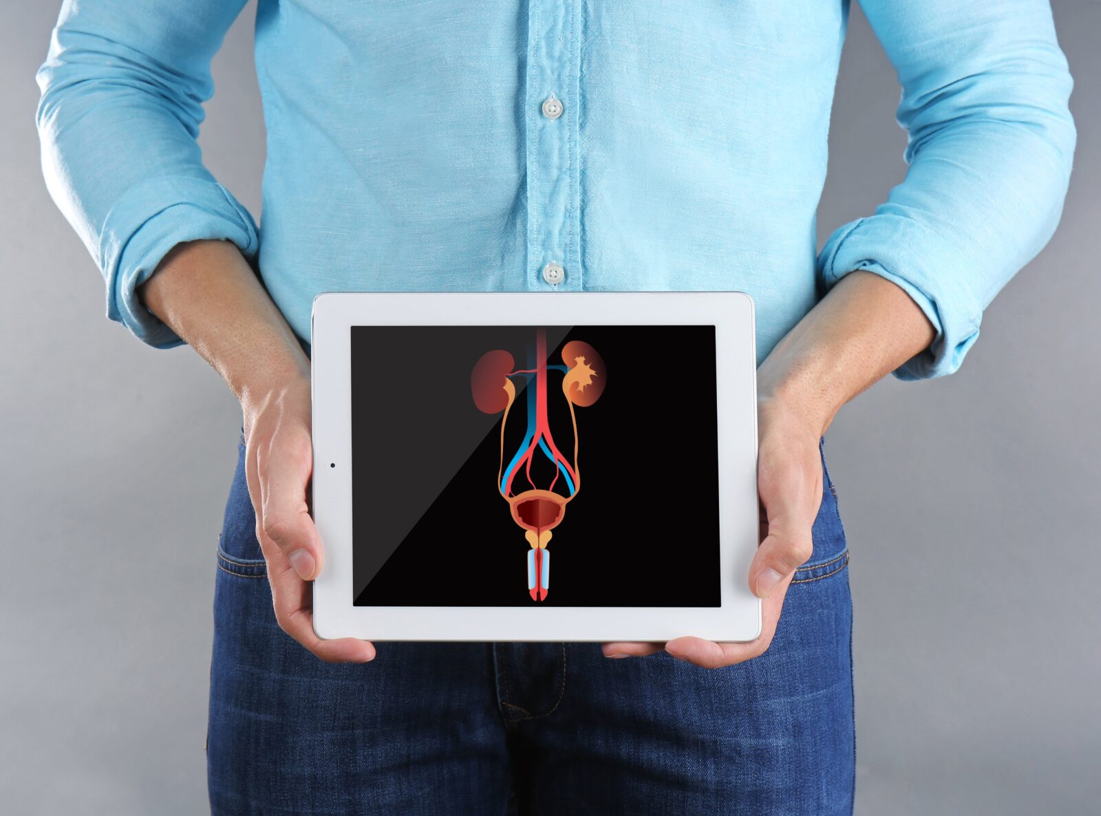 man holding a tablet with urinary tract anatomy above his lower abdomen